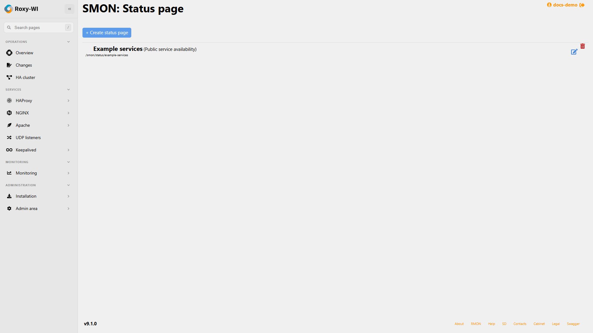 Status pages — example data